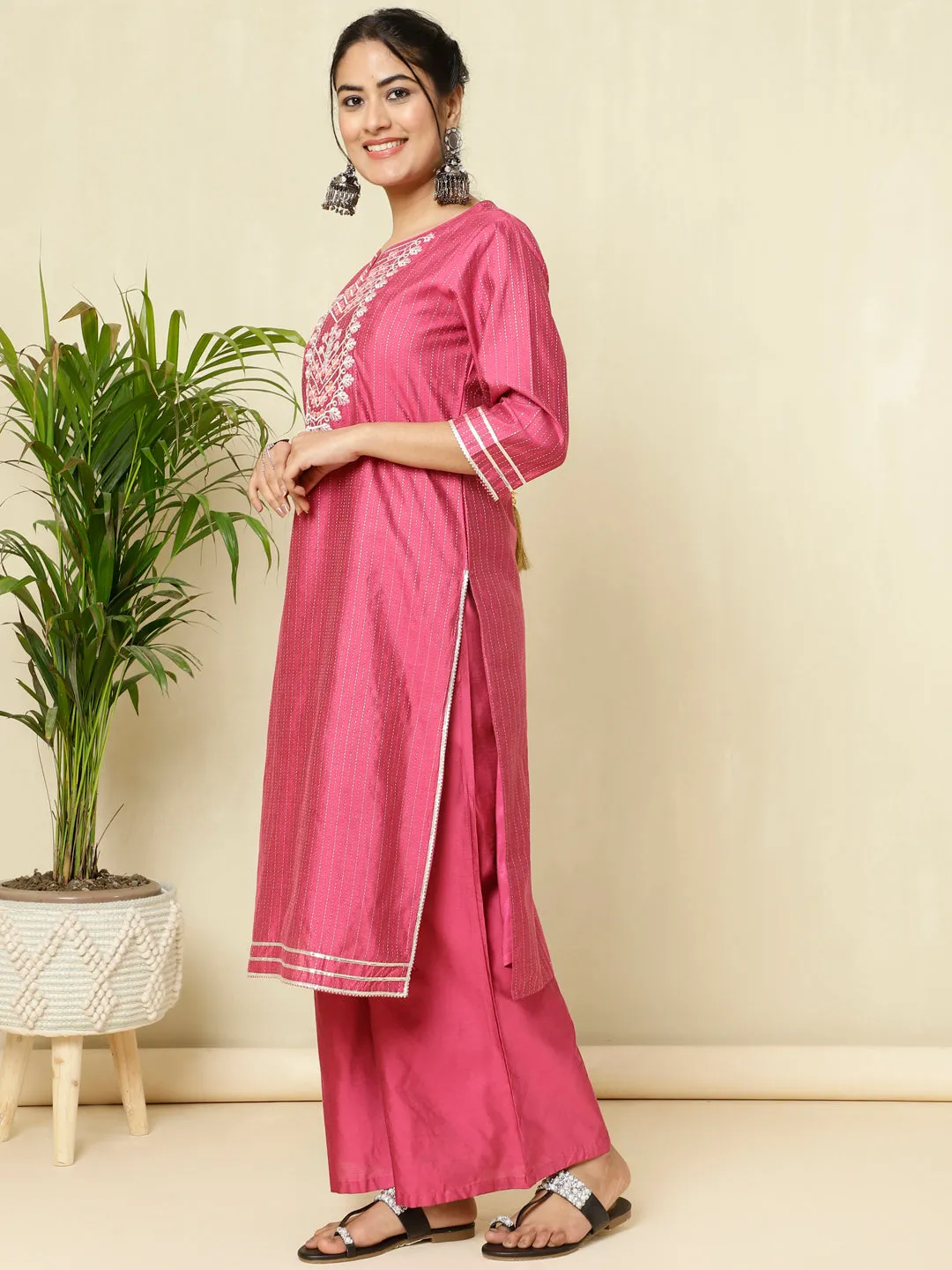 Pink Chanderi Kantha Embroidered Kurta With Palazzo And Dupatta