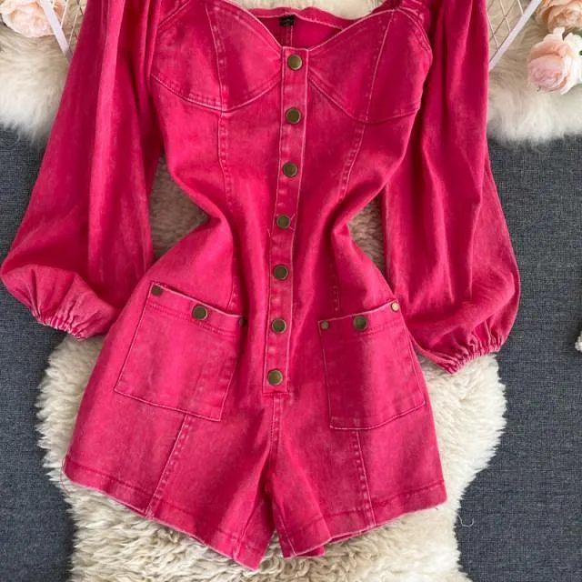 Pink Denim Romper