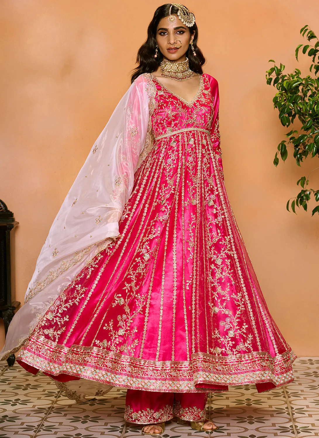 Pink Embroidered Anarkali Style Palazzo Suit