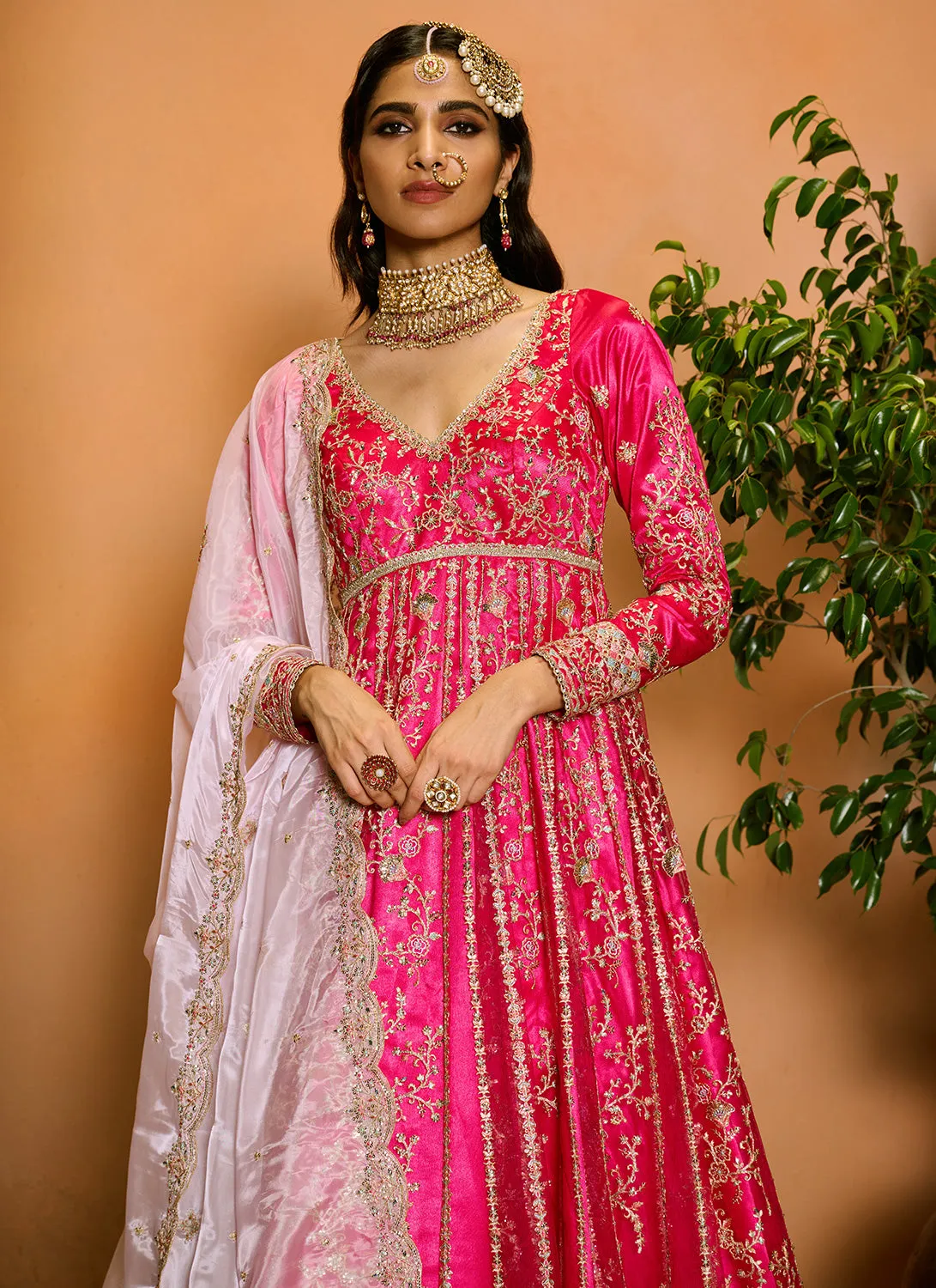 Pink Embroidered Anarkali Style Palazzo Suit