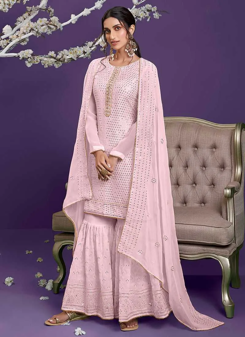 Pink Embroidered Gharara Style Suit