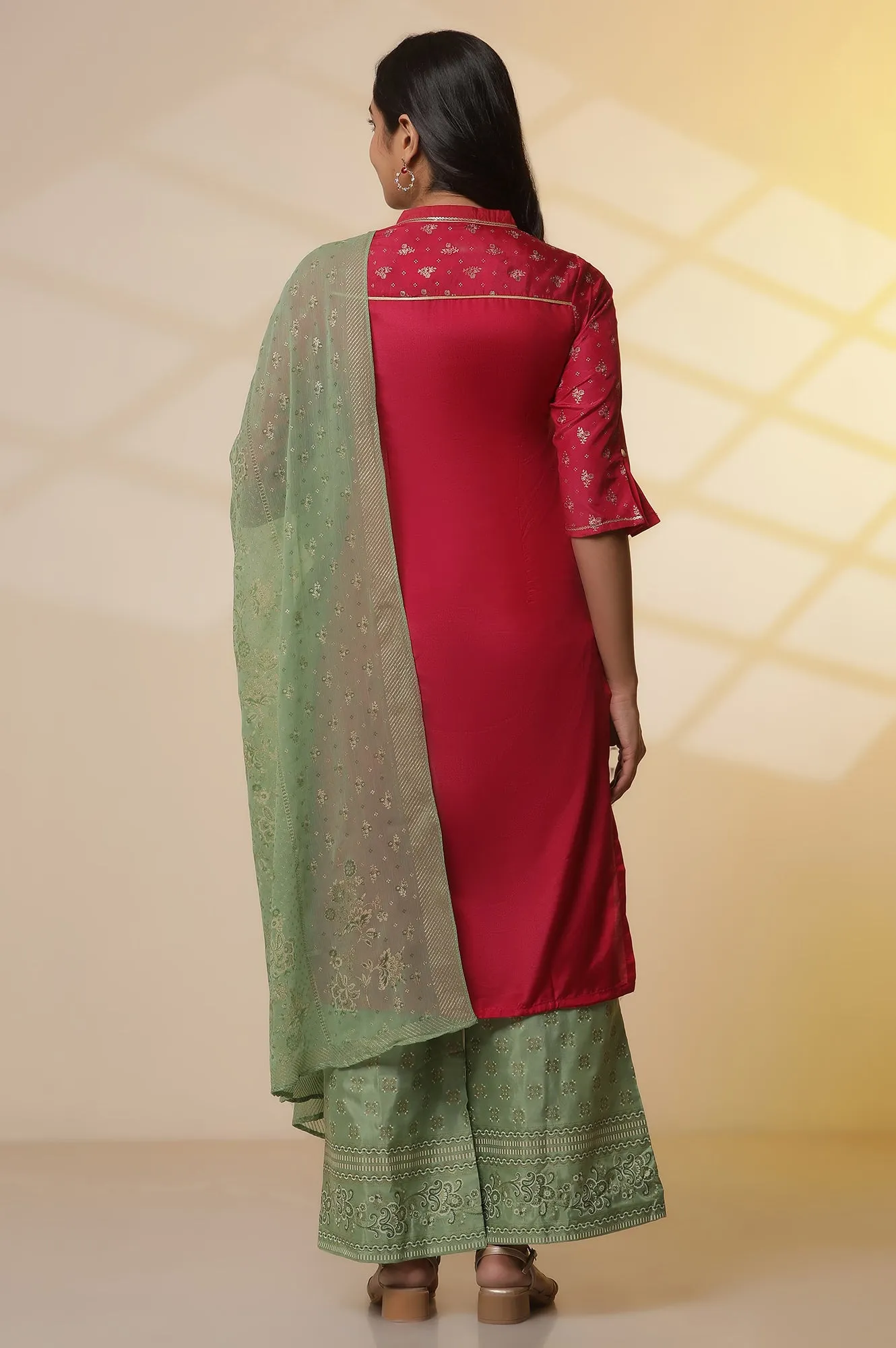 Pink Floral Foil Printed Sequined Straight Kurta, Green Printed Palazzo and Dupatta Set
