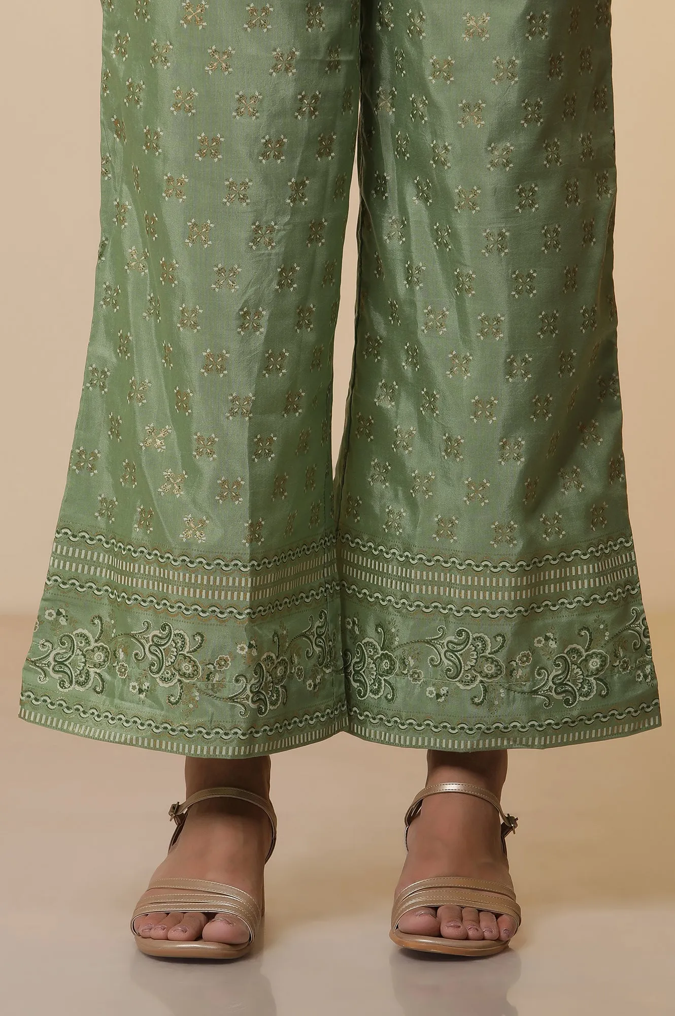 Pink Floral Foil Printed Sequined Straight Kurta, Green Printed Palazzo and Dupatta Set