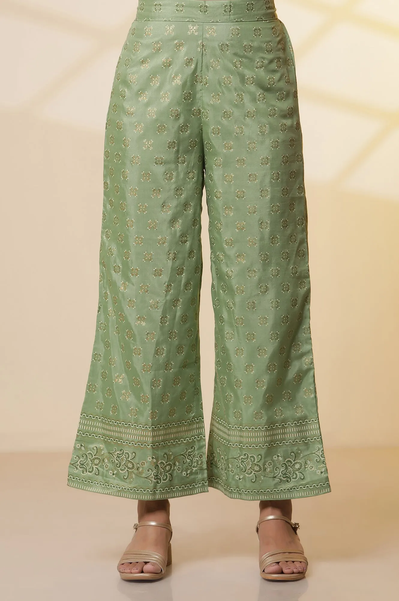 Pink Floral Foil Printed Sequined Straight Kurta, Green Printed Palazzo and Dupatta Set