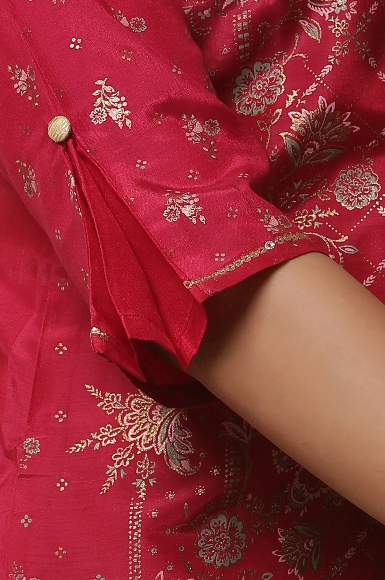 Pink Floral Foil Printed Sequined Straight Kurta, Green Printed Palazzo and Dupatta Set
