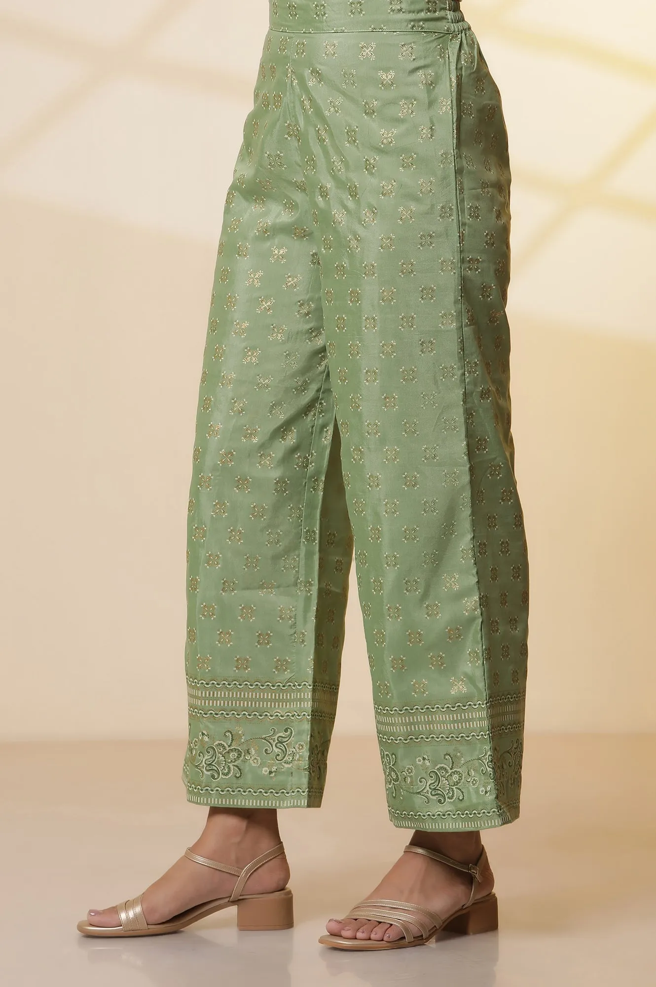 Pink Floral Foil Printed Sequined Straight Kurta, Green Printed Palazzo and Dupatta Set