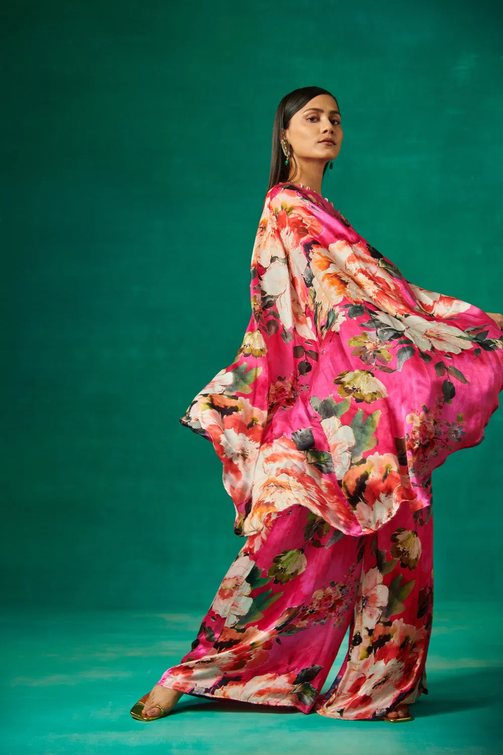 Pink Floral Print High Low Cape With Pants