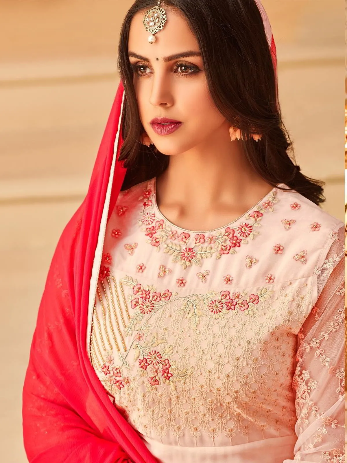Pink In Combination Designer Embroidered Palazzo Suit