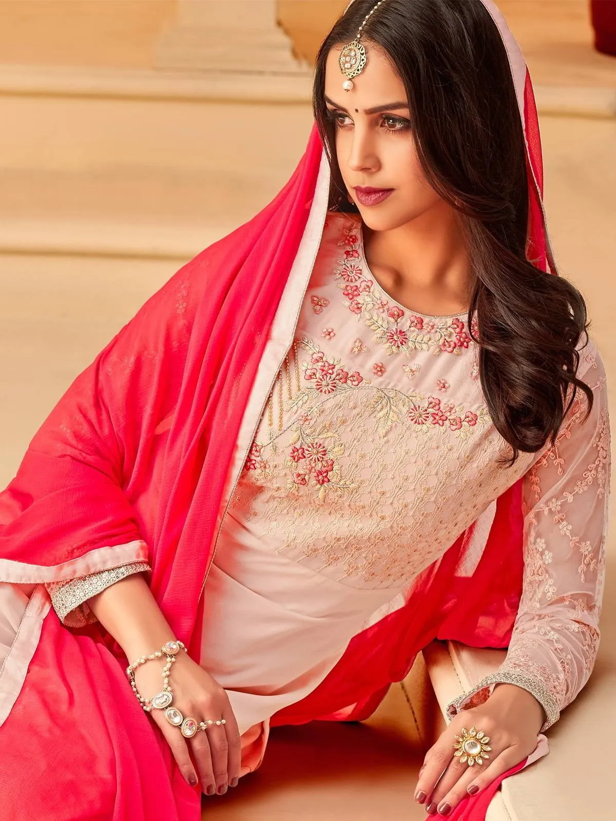Pink In Combination Designer Embroidered Palazzo Suit