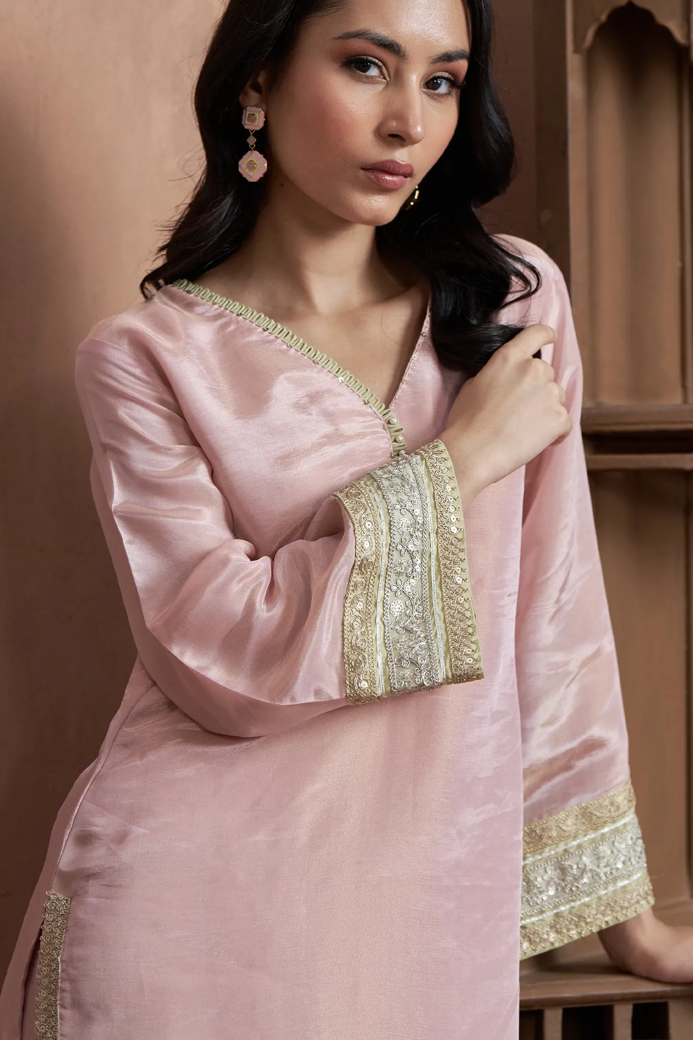 Pink Kurta Set With Bell Sleeves