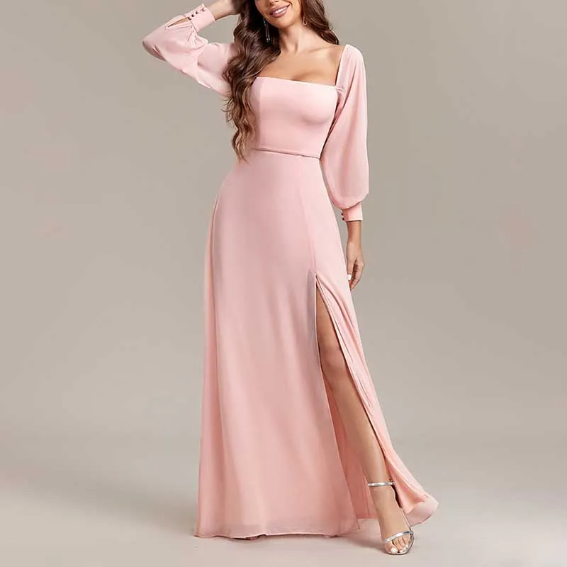 Pink Long Prom Dress Off The Shoulder Evening Dress Chiffon Bridesmaid Dress