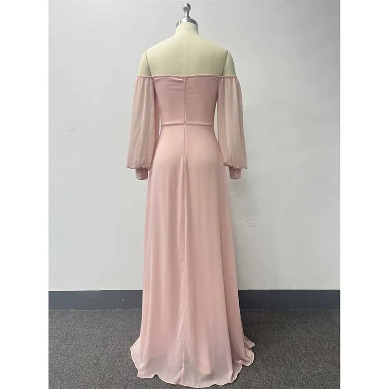 Pink Long Prom Dress Off The Shoulder Evening Dress Chiffon Bridesmaid Dress