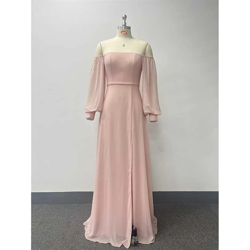 Pink Long Prom Dress Off The Shoulder Evening Dress Chiffon Bridesmaid Dress