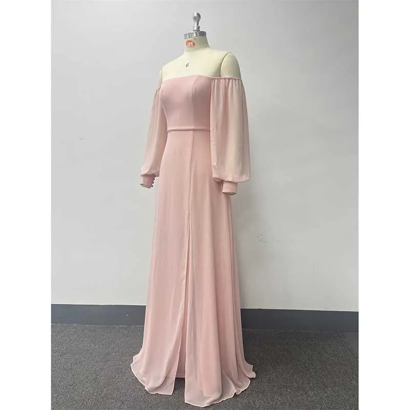 Pink Long Prom Dress Off The Shoulder Evening Dress Chiffon Bridesmaid Dress