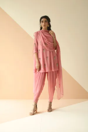 PINK MAUVE BUTI PEPLUM DHOTI WITH SCALLOP DUPATTA