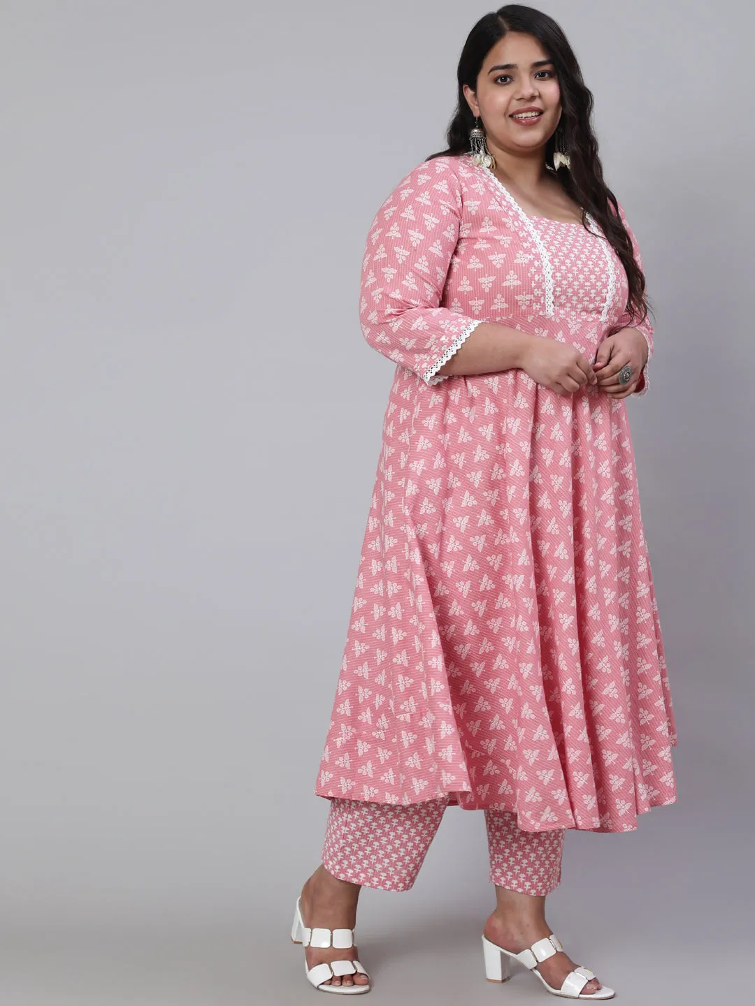 Pink Plus Size Woven Ethnic Print Embroidered Flared Laced Kurta With Printed Palazzo