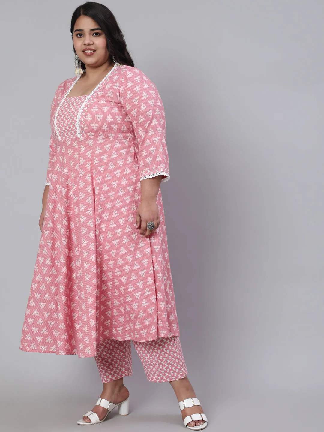 Pink Plus Size Woven Ethnic Print Embroidered Flared Laced Kurta With Printed Palazzo
