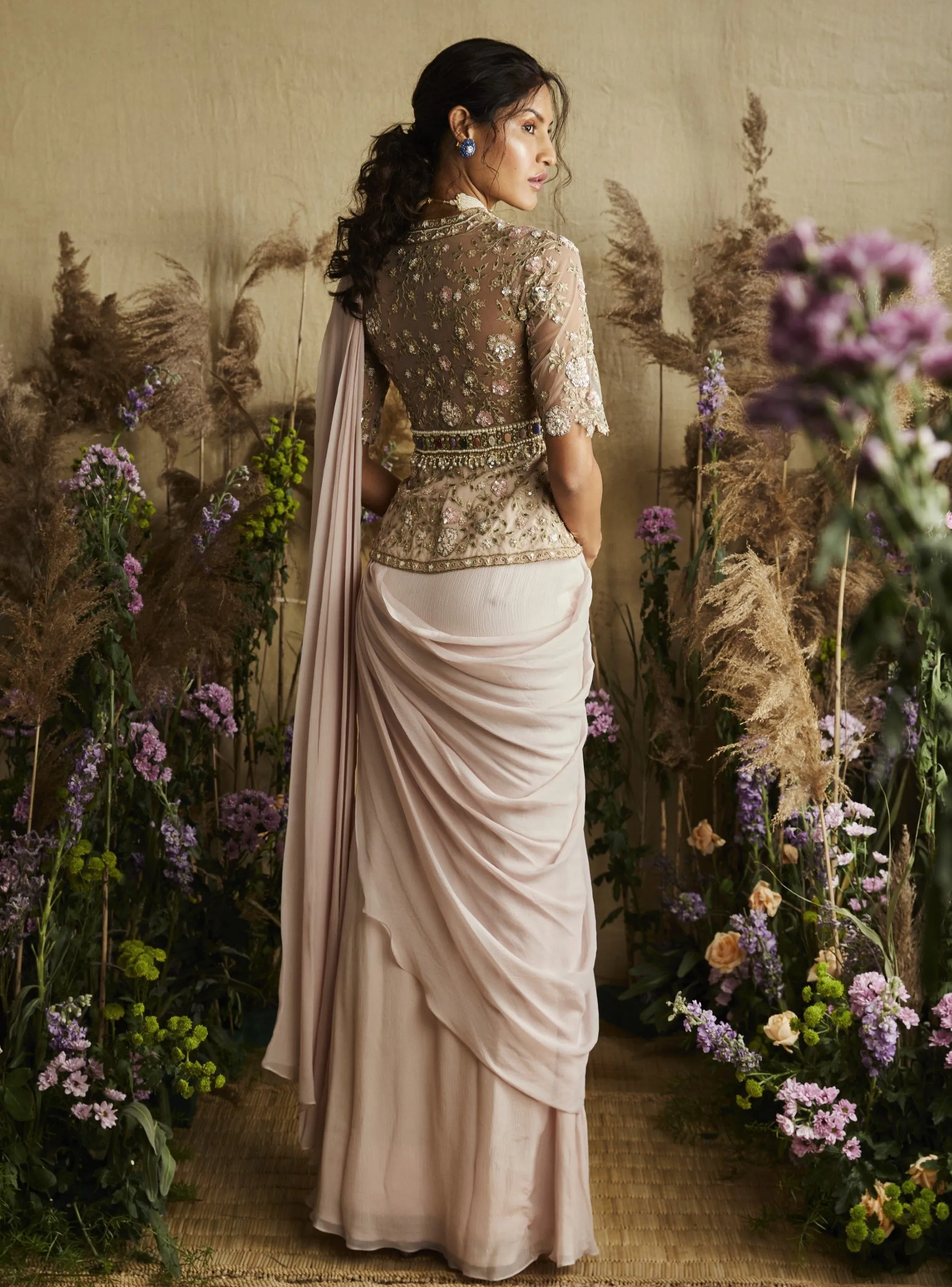 Pink Pre-stitched Saree And Peplum