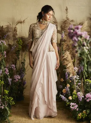 Pink Pre-stitched Saree And Peplum