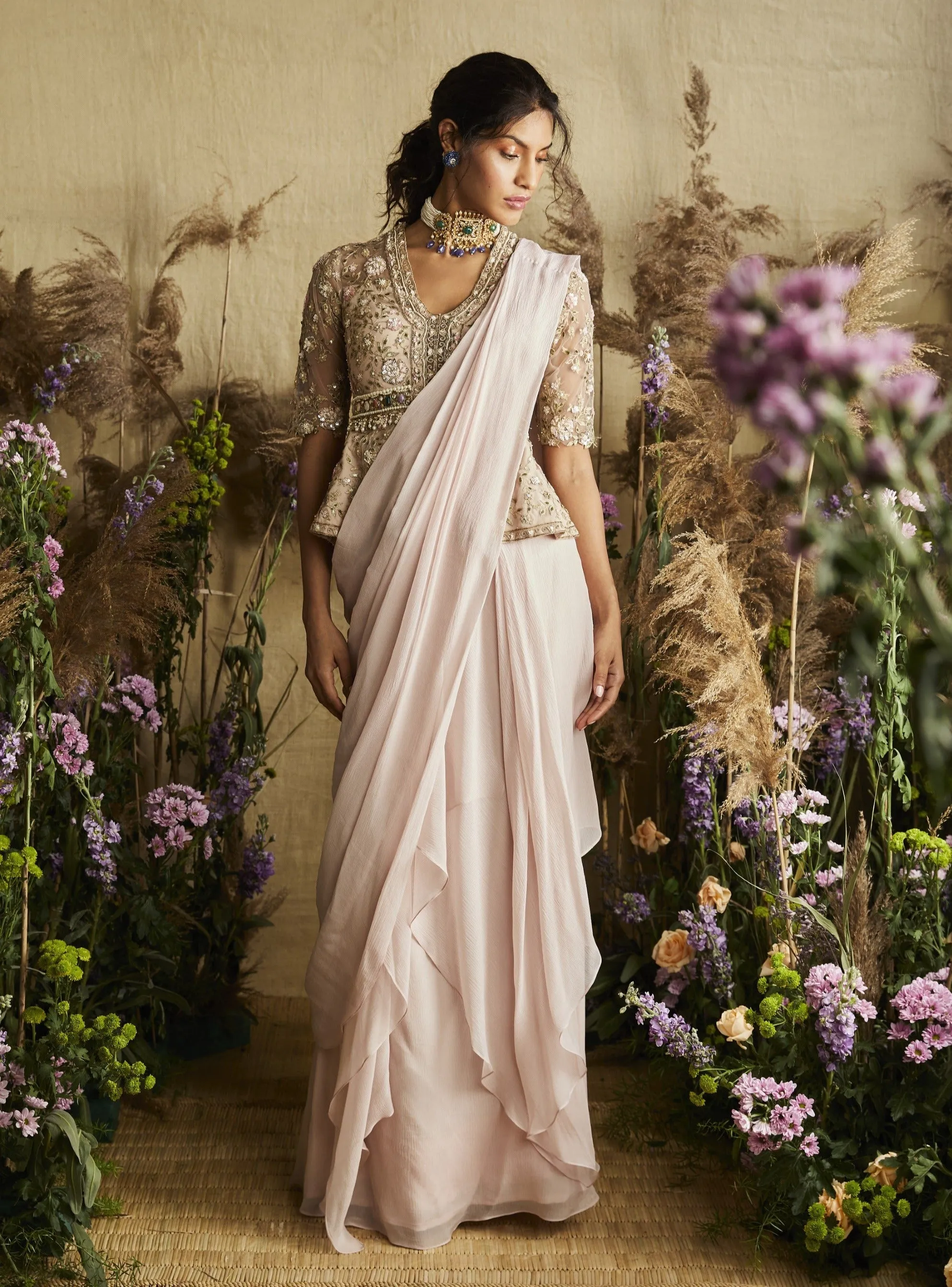 Pink Pre-stitched Saree And Peplum