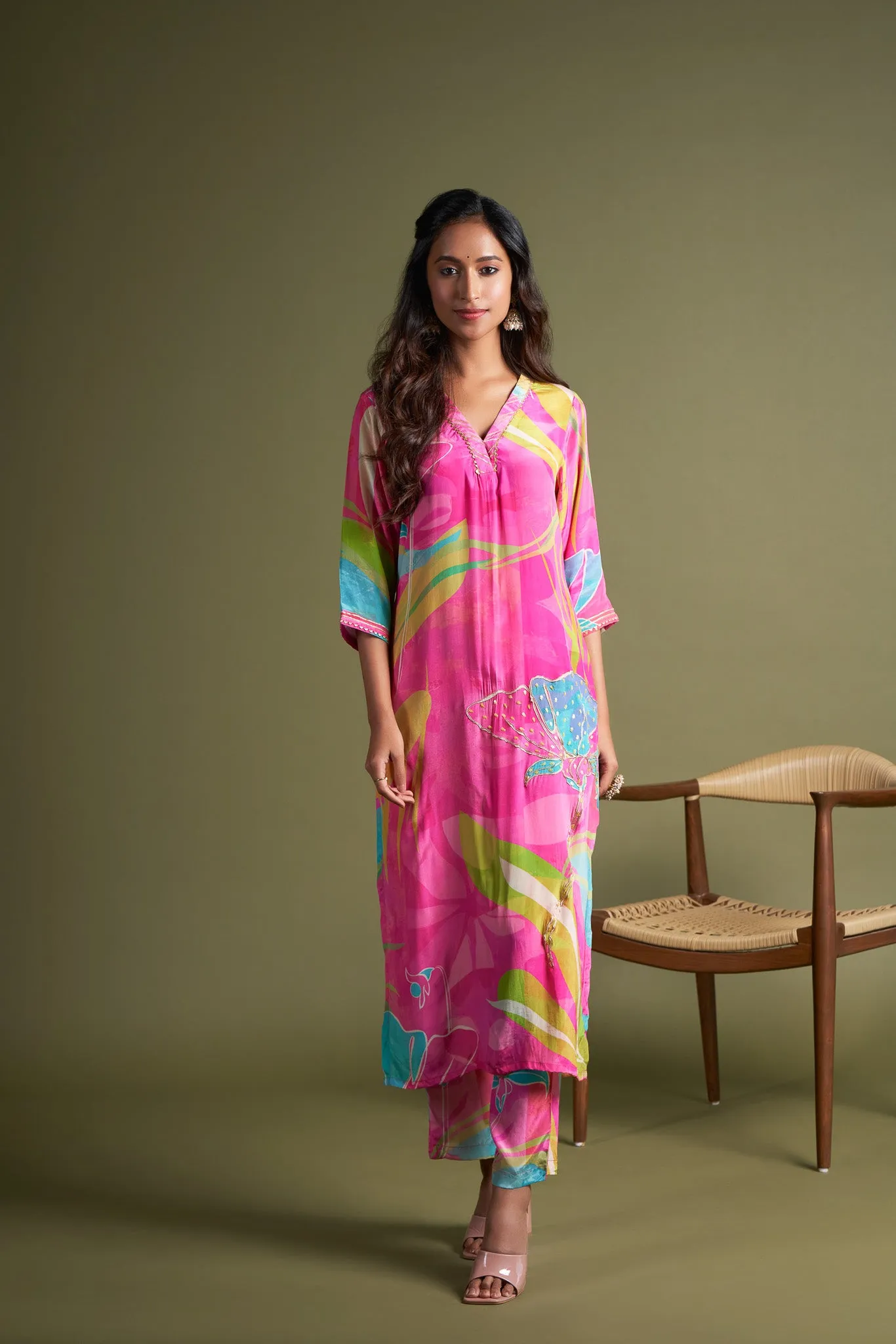 Pink Printed Natural Crepe Kurta Set
