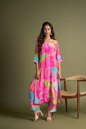 Pink Printed Natural Crepe Kurta Set