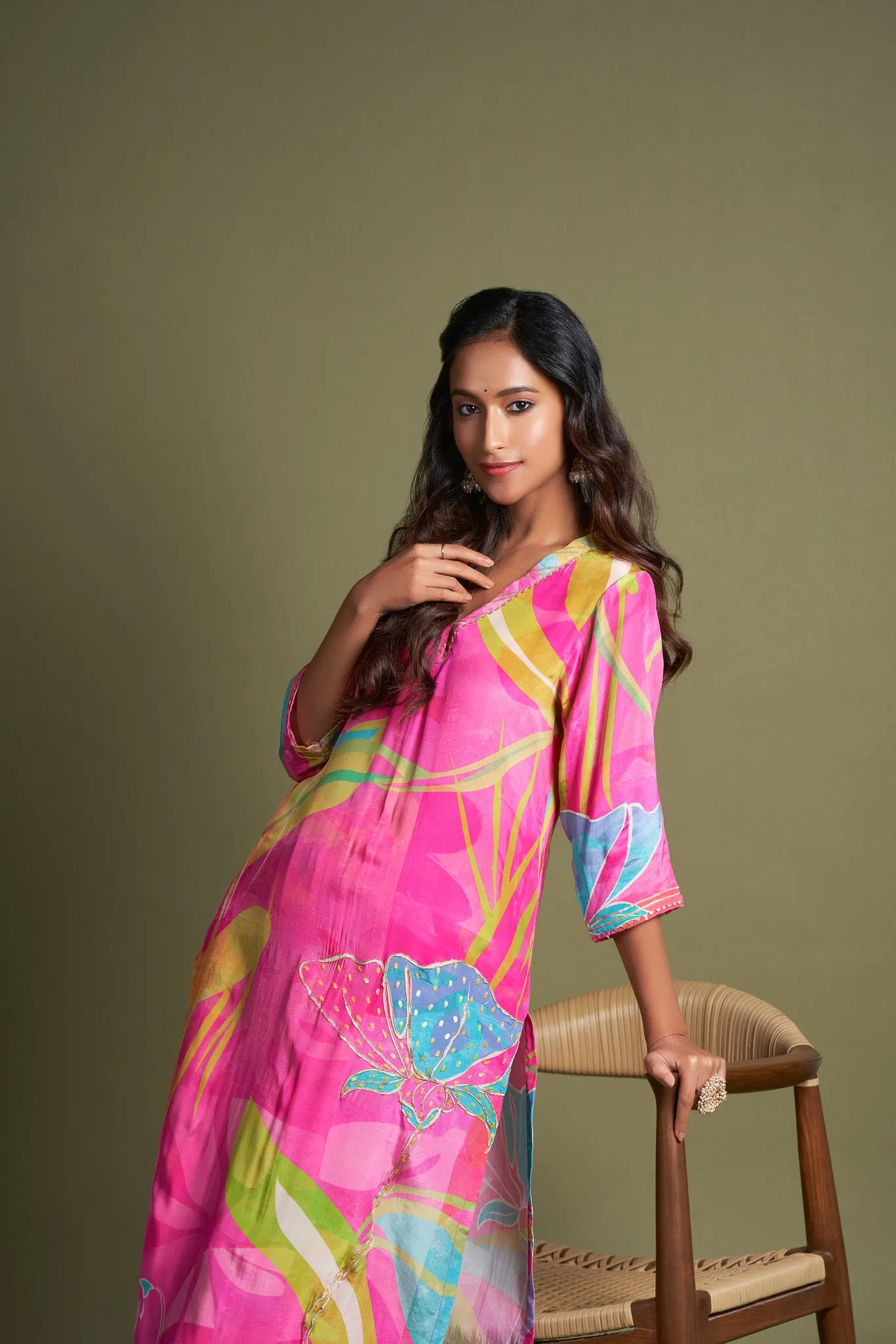 Pink Printed Natural Crepe Kurta Set