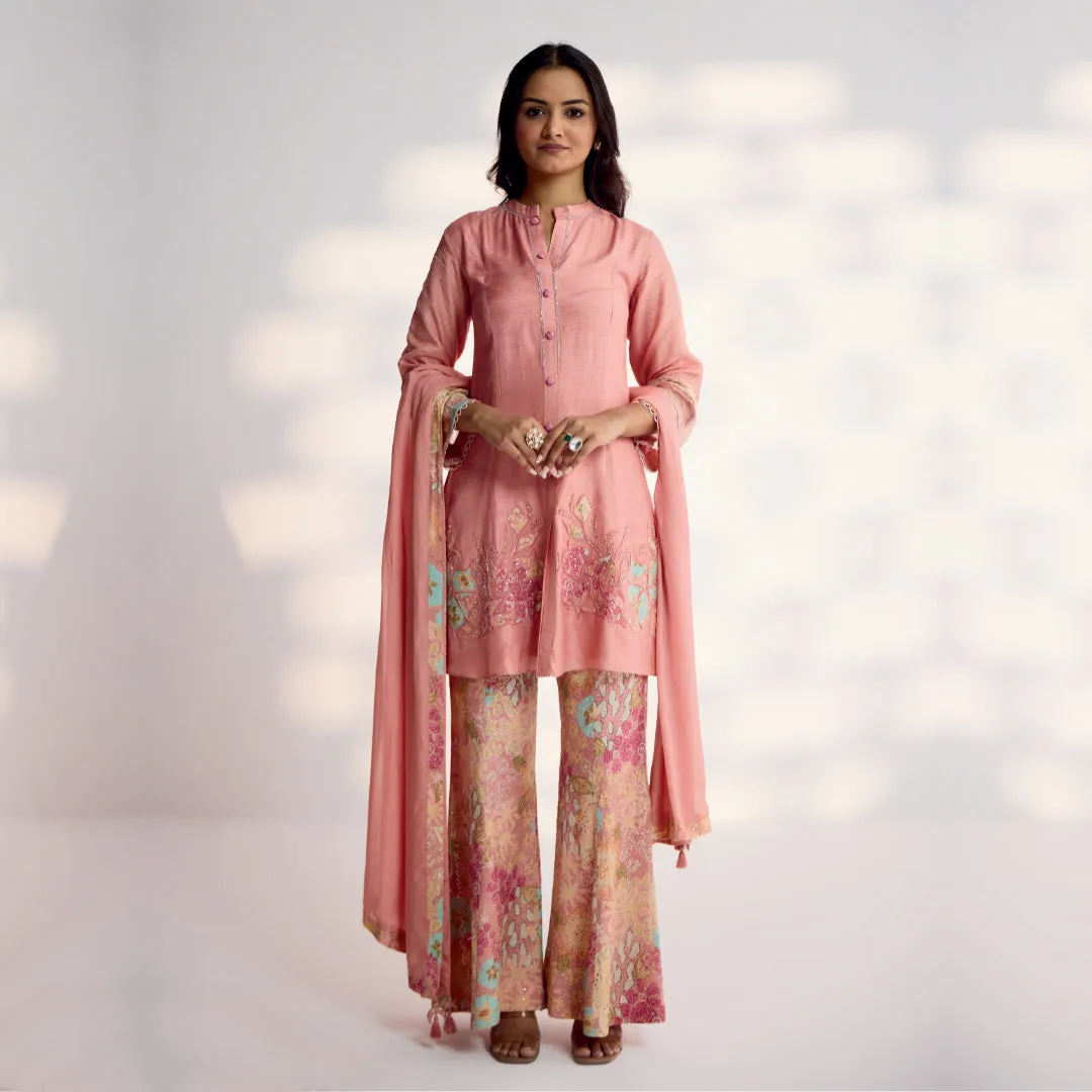 Pink Short Flared Floral Salwar Suit  and Dupatta