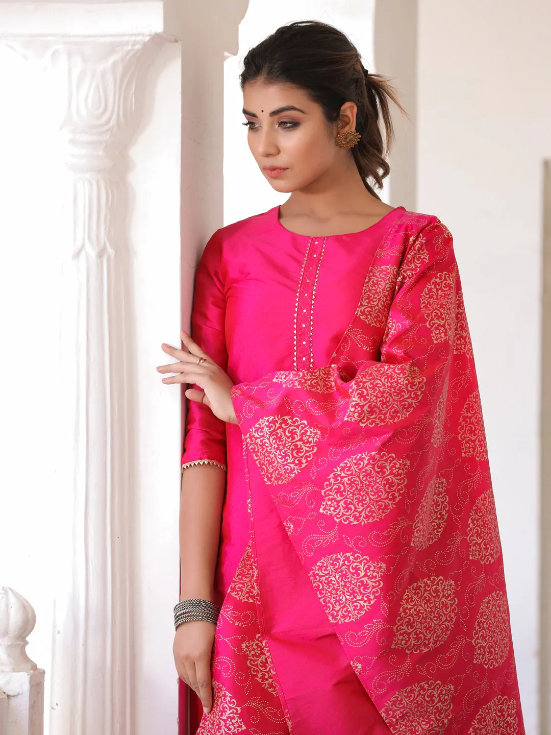 Pink Solid Straight Kurta With Gotta Work On Palazzo & Printed Dupatta