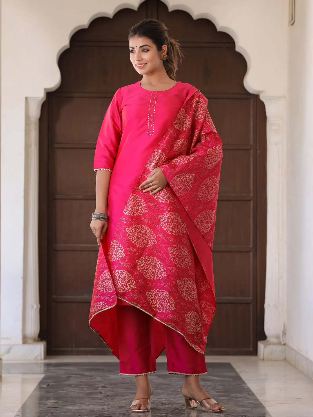 Pink Solid Straight Kurta With Gotta Work On Palazzo & Printed Dupatta