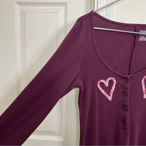 PINK Victoria’s Secret Candy Cane Heart Onesie Pajama Burgundy Christmas Size S