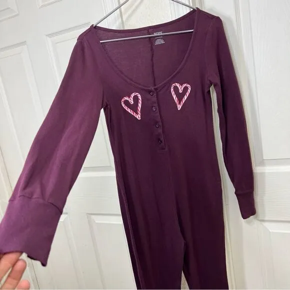 PINK Victoria’s Secret Candy Cane Heart Onesie Pajama Burgundy Christmas Size S