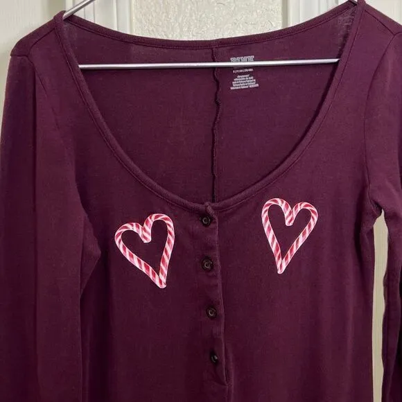 PINK Victoria’s Secret Candy Cane Heart Onesie Pajama Burgundy Christmas Size S