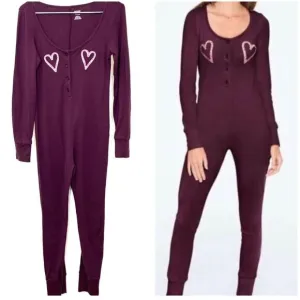 PINK Victoria’s Secret Candy Cane Heart Onesie Pajama Burgundy Christmas Size S