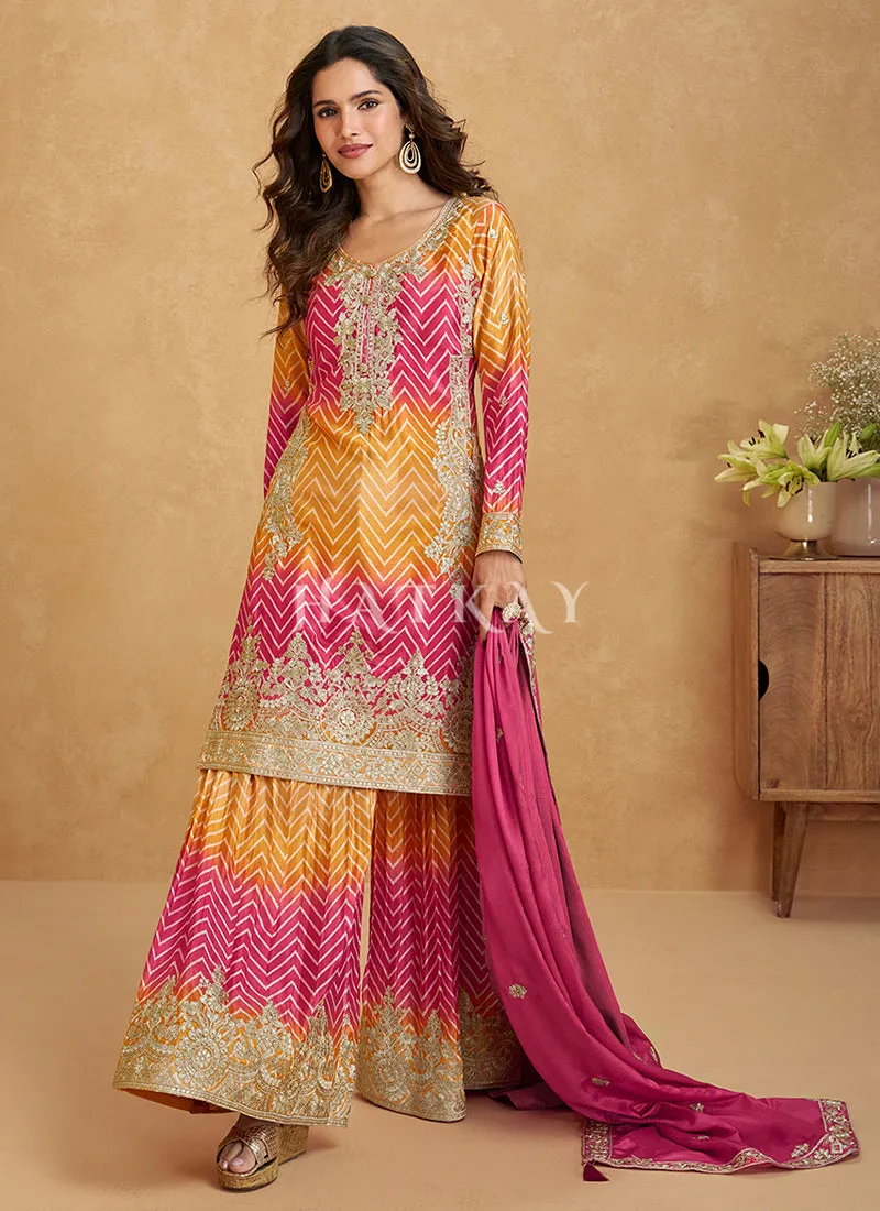 Pink Yellow Ombré Designer Kurti And Sharara