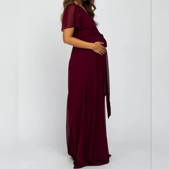 Pinkblush Burgundy Chiffon Short Sleeve Maternity Maxi Dress M Holiday