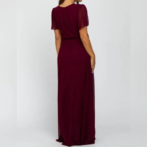 Pinkblush Burgundy Chiffon Short Sleeve Maternity Maxi Dress M Holiday