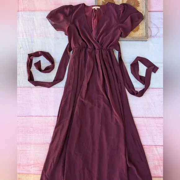 Pinkblush Burgundy Chiffon Short Sleeve Maternity Maxi Dress M Holiday