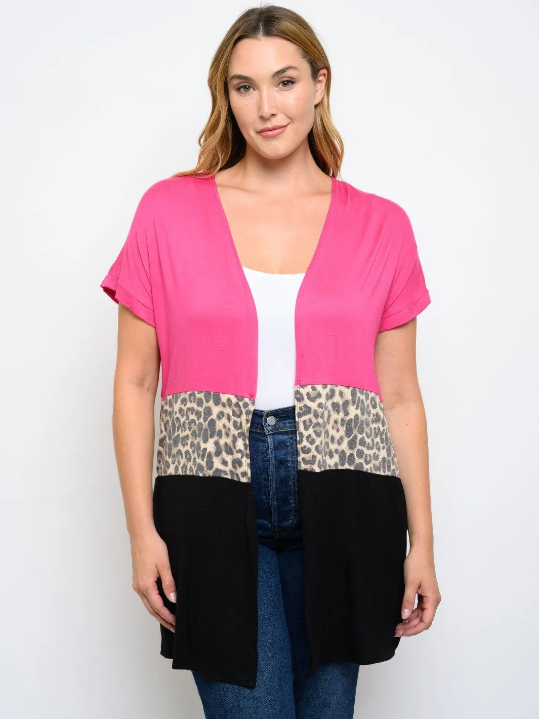 PLUS SIZE COLOR BLOCK ANIMAL PRINT CARDIGAN