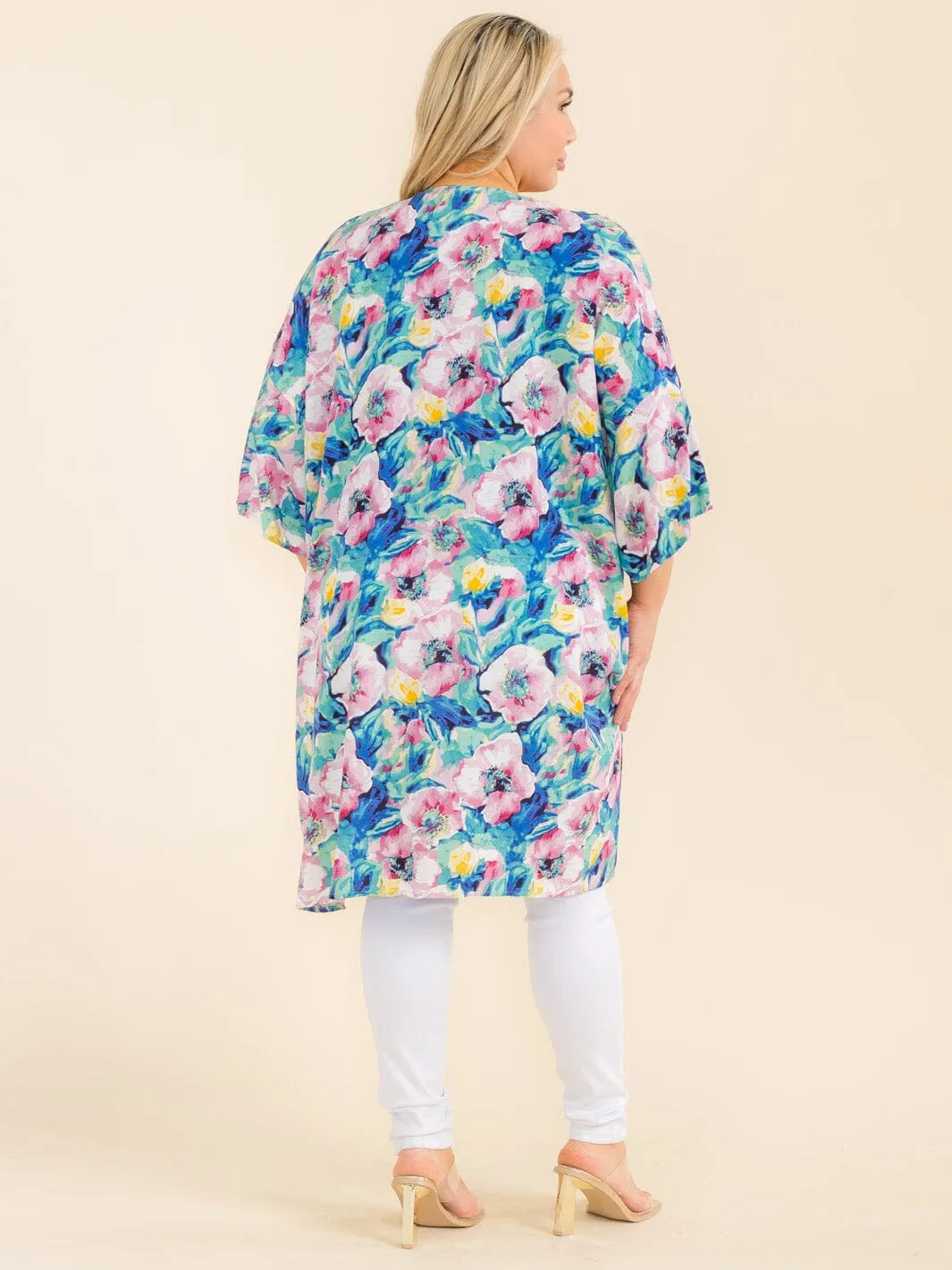 PLUS SIZE SHORT SLEEVE OPEN FRONT FLORAL PRINT CARDIGAN