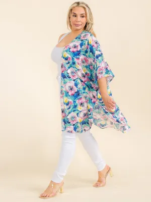 PLUS SIZE SHORT SLEEVE OPEN FRONT FLORAL PRINT CARDIGAN