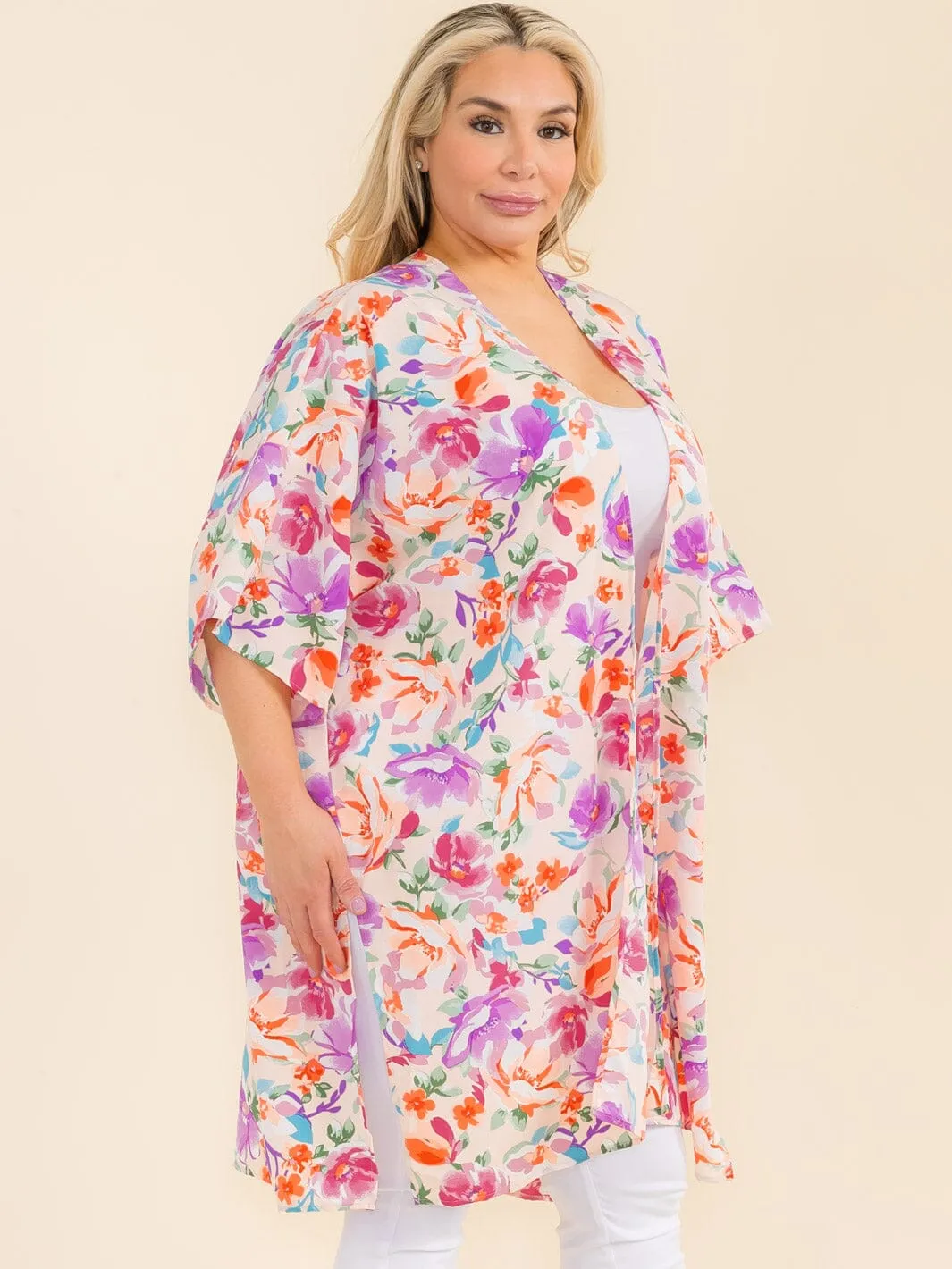 PLUS SIZE SHORT SLEEVE OPEN FRONT FLORAL PRINT CARDIGAN