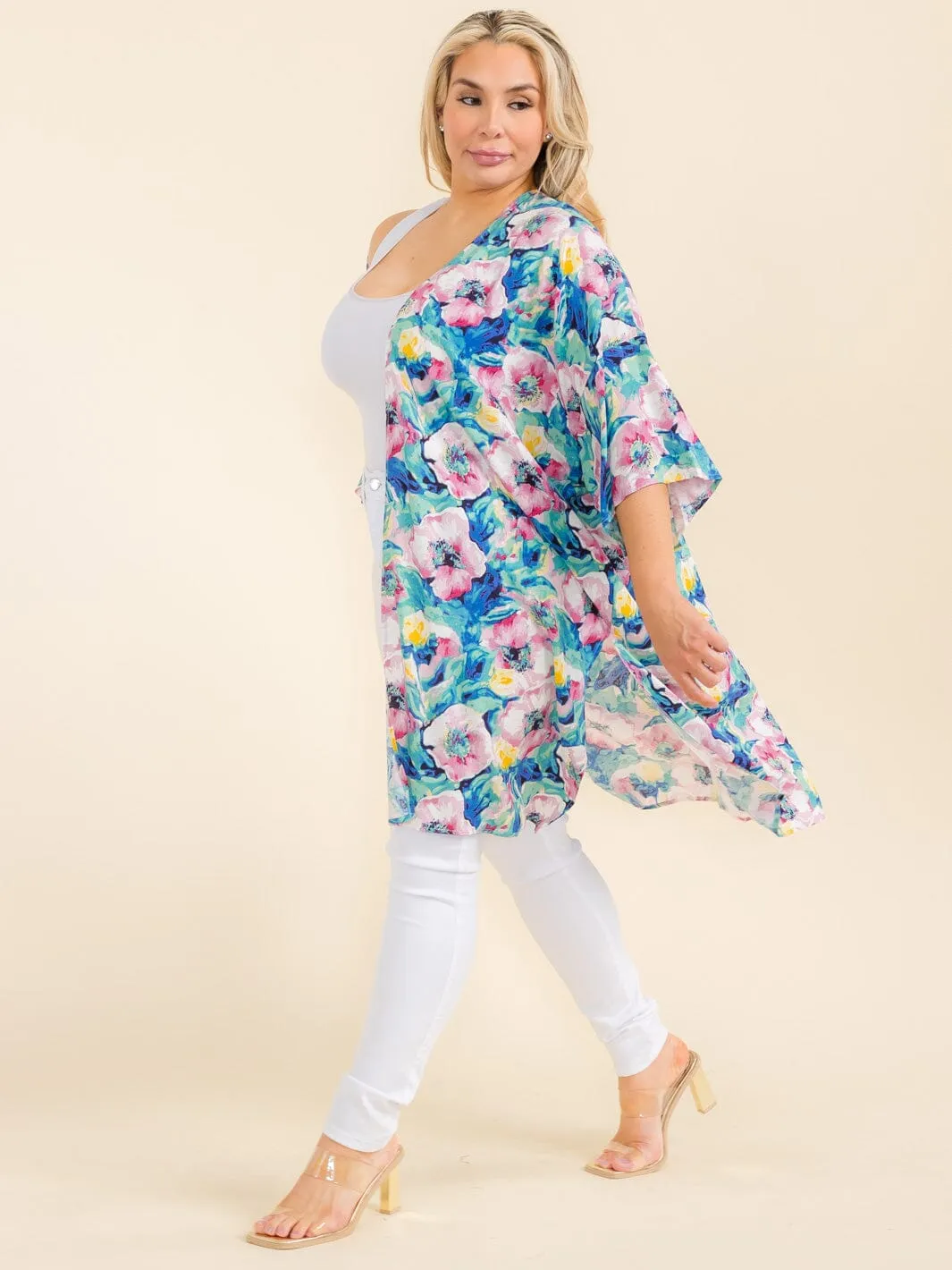 PLUS SIZE SHORT SLEEVE OPEN FRONT FLORAL PRINT CARDIGAN