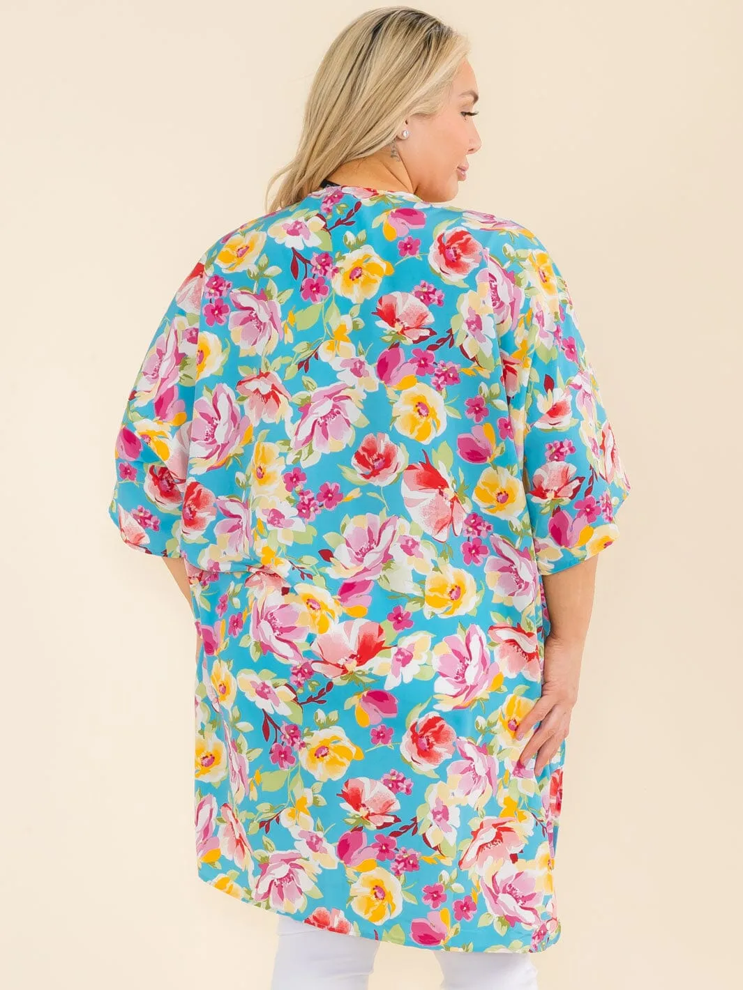 PLUS SIZE SHORT SLEEVE OPEN FRONT FLORAL PRINT CARDIGAN