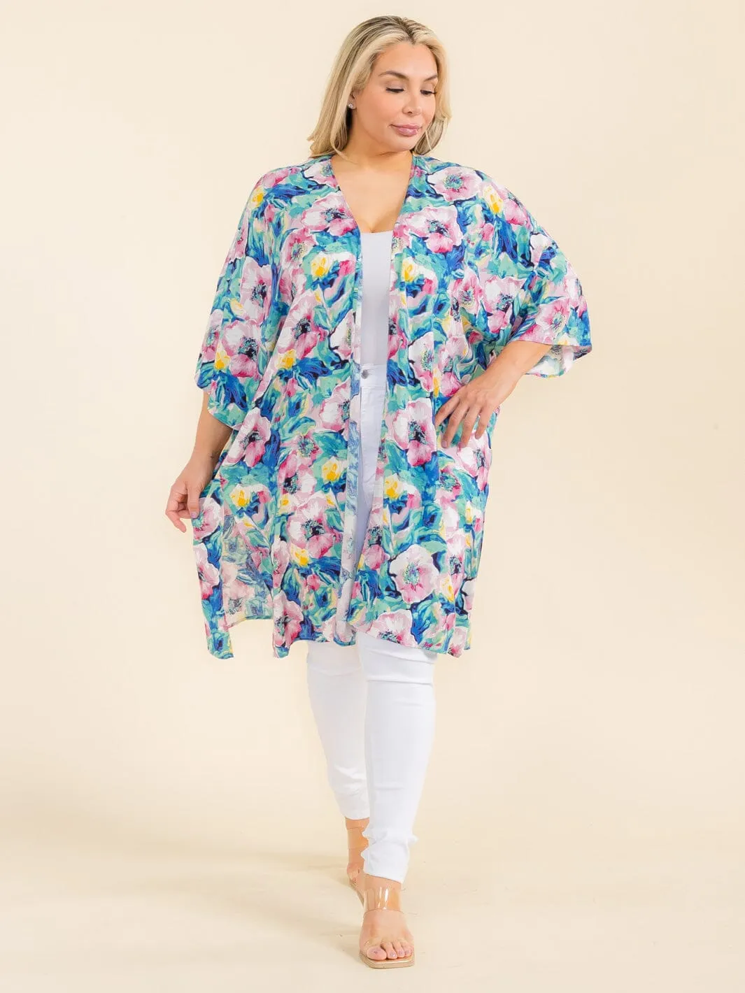 PLUS SIZE SHORT SLEEVE OPEN FRONT FLORAL PRINT CARDIGAN