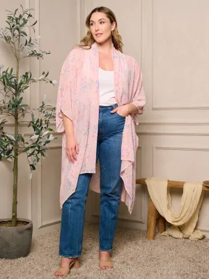 PLUS SIZE SHORT SLEEVE OPEN FRONT FLORAL SWISS DOTS KIMONO