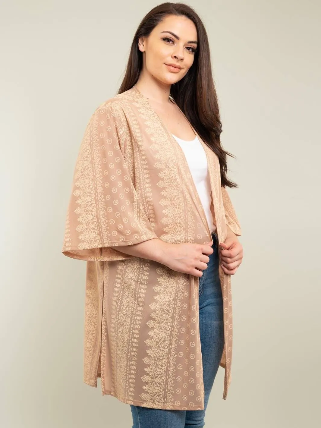 PLUS SIZE SHORT SLEEVE PAISLEY PRINT CARDIGAN