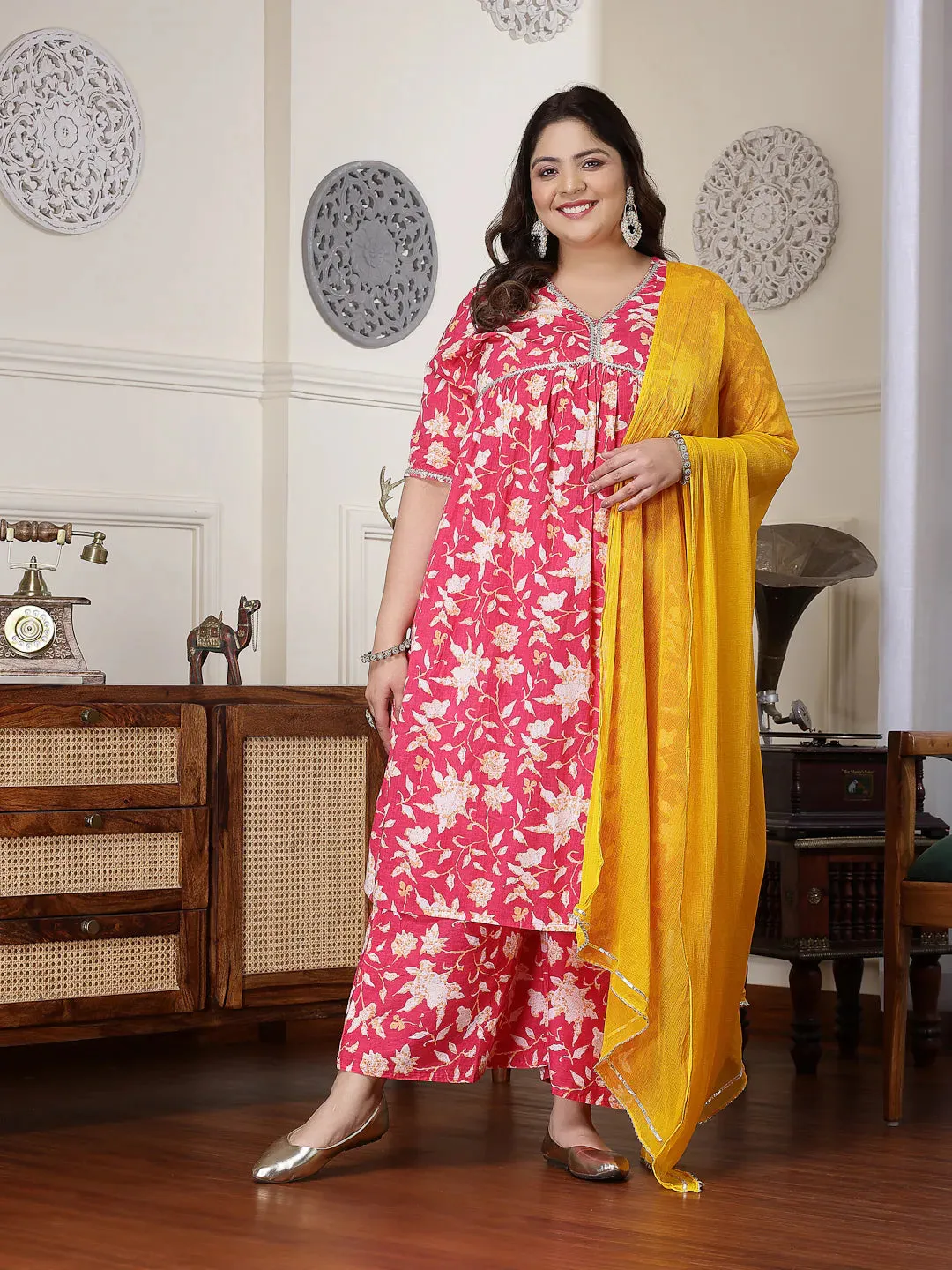Plus Size Women Floral Printed Cotton Pleated Kurta Palazzo Dupatta Set-KPDPINKZAYLAPLUS
