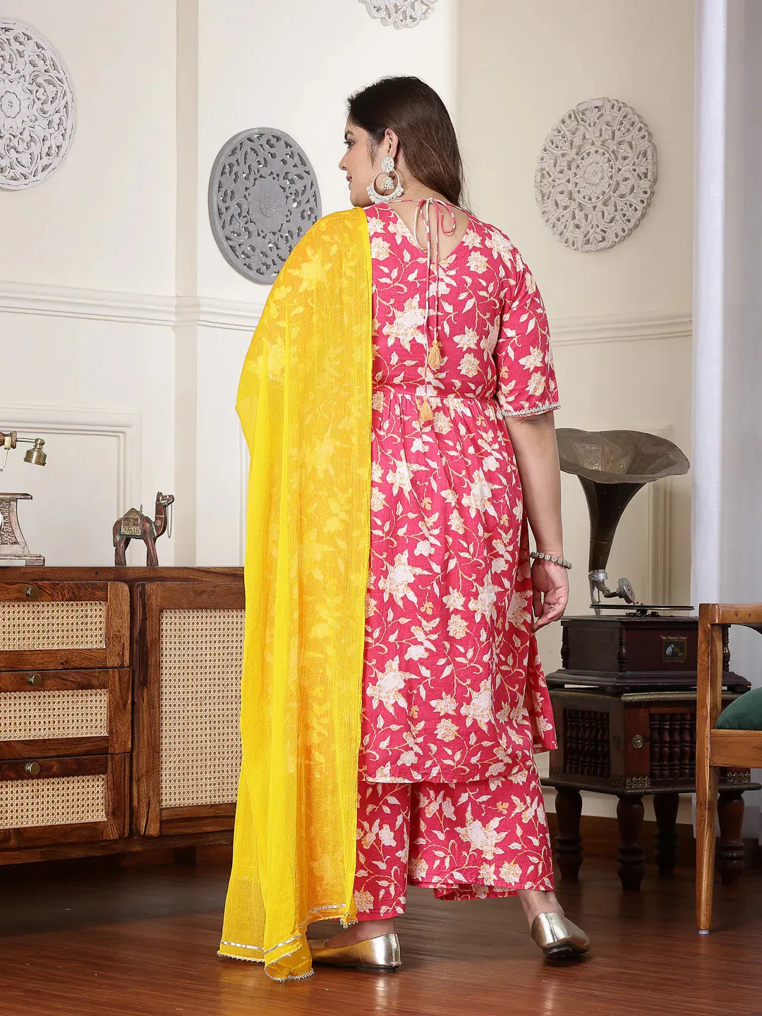 Plus Size Women Floral Printed Cotton Pleated Kurta Palazzo Dupatta Set-KPDPINKZAYLAPLUS