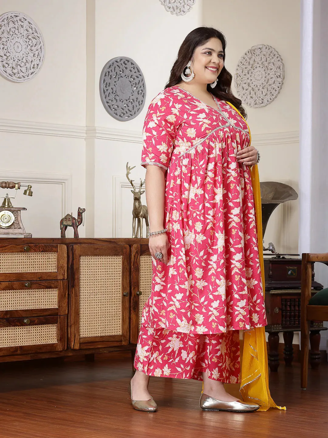 Plus Size Women Floral Printed Cotton Pleated Kurta Palazzo Dupatta Set-KPDPINKZAYLAPLUS